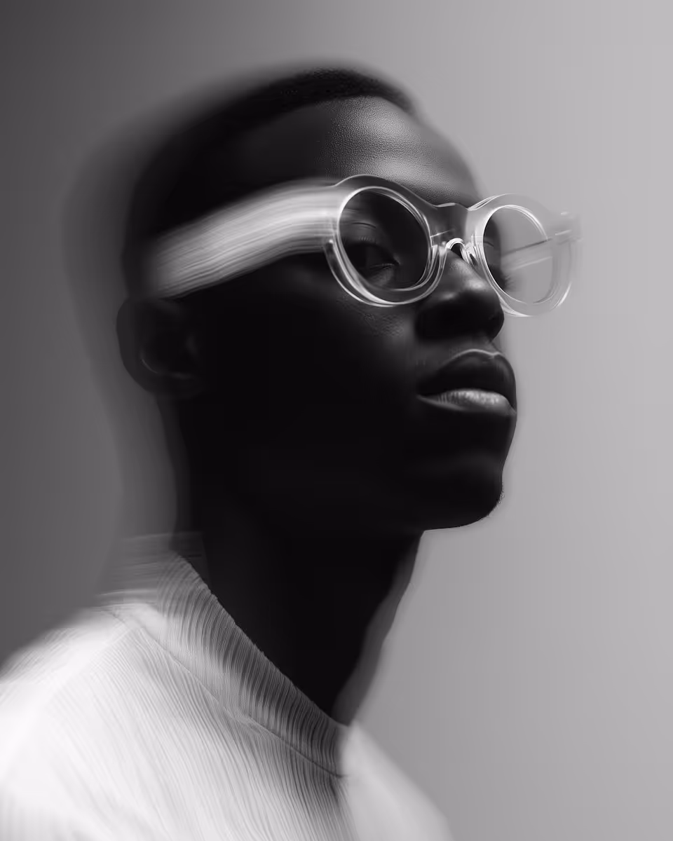 Black and white blurred portrait of a person wearing round transparent glasses and a light-colored top, facing slightly upward.