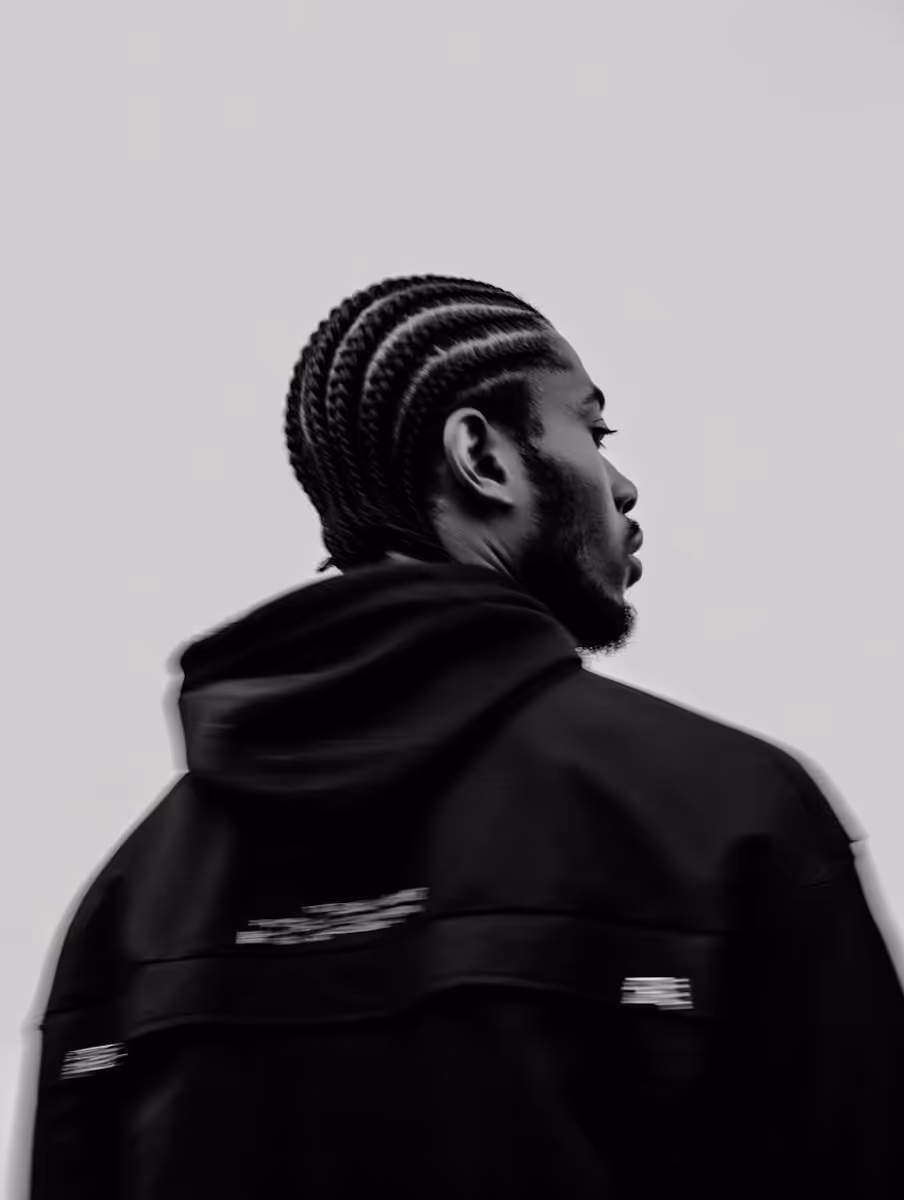 Black and white side profile of a man with cornrow braids wearing a dark hoodie against a plain background.