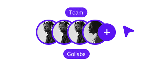 Row of four circular profile photos with a plus icon and a paper plane icon, labeled 'Team' above and 'Collabs' below.