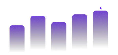 Five vertical bars of varying heights showing a rising trend from left to right in purple gradient.
