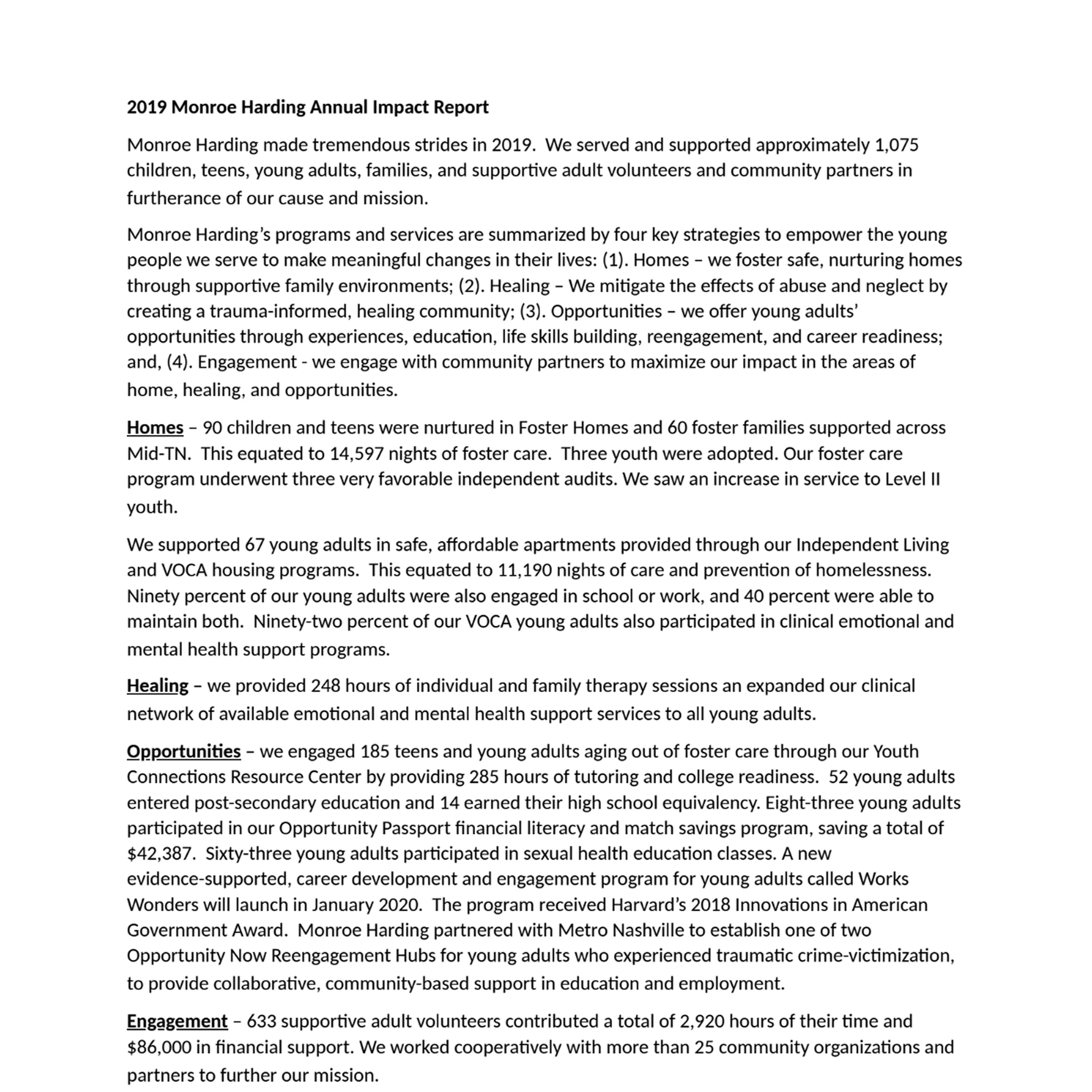 2019 Monroe Harding Annual Impact Report summarizing program achievements supporting children, teens, young adults, and families through foster homes, healing, opportunities, and engagement.
