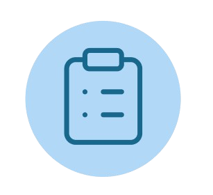 Clipboard icon with checklist on a blue circular background.