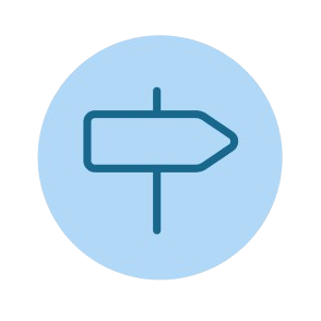 Blue circular icon with a right-pointing directional signpost.