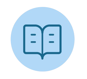 Blue circular icon with an open book outline in the center.