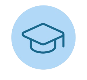 Blue graduation cap icon inside a light blue circle.