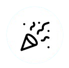 Black party popper icon with confetti and streamers on white circular background.