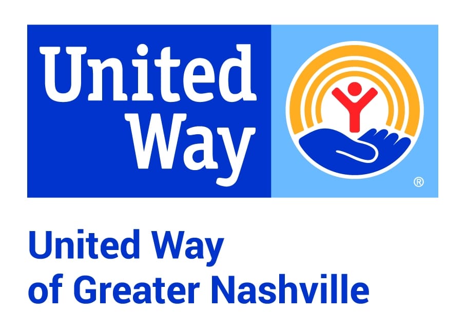 United Way logo with text 'United Way' in white on a blue background next to a circular icon showing a red figure with raised arms above a blue hand, surrounded by golden curved lines; below is the text 'United Way of Greater Nashville' in blue.