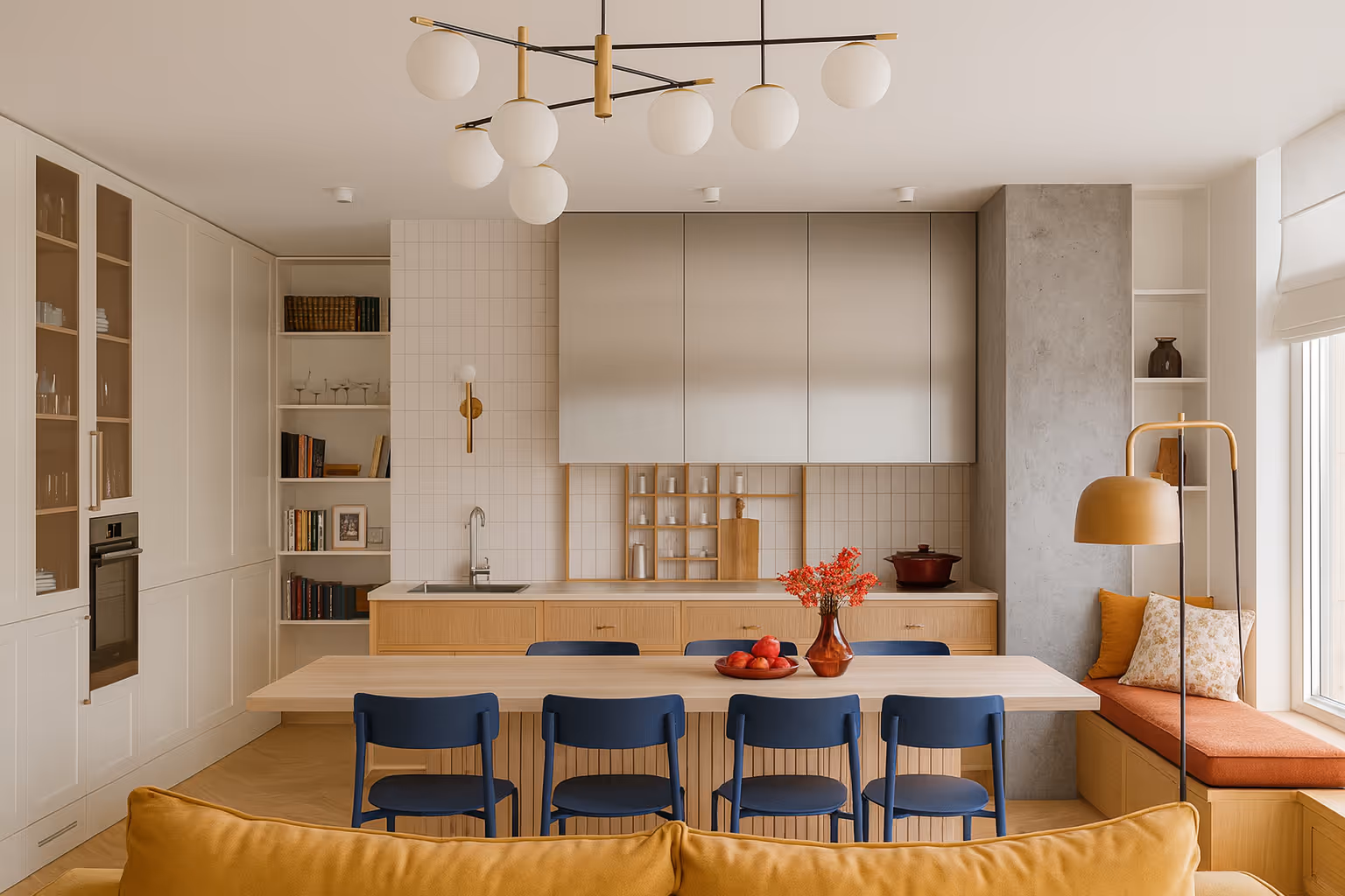 Moderní kuchyň s jídelním stolem, modrými židlemi, vestavěnou polici, oranžovým sezením u okna a závěsným světlem s bílými kulatými stínidly.