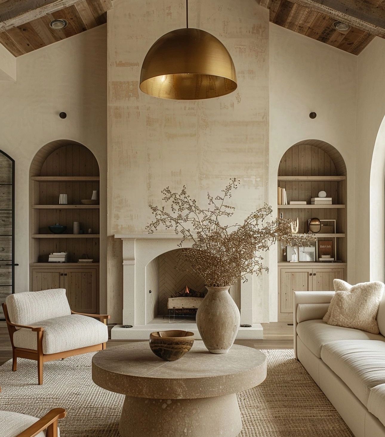 Stone fireplace and arched joinery in a neutral living room
