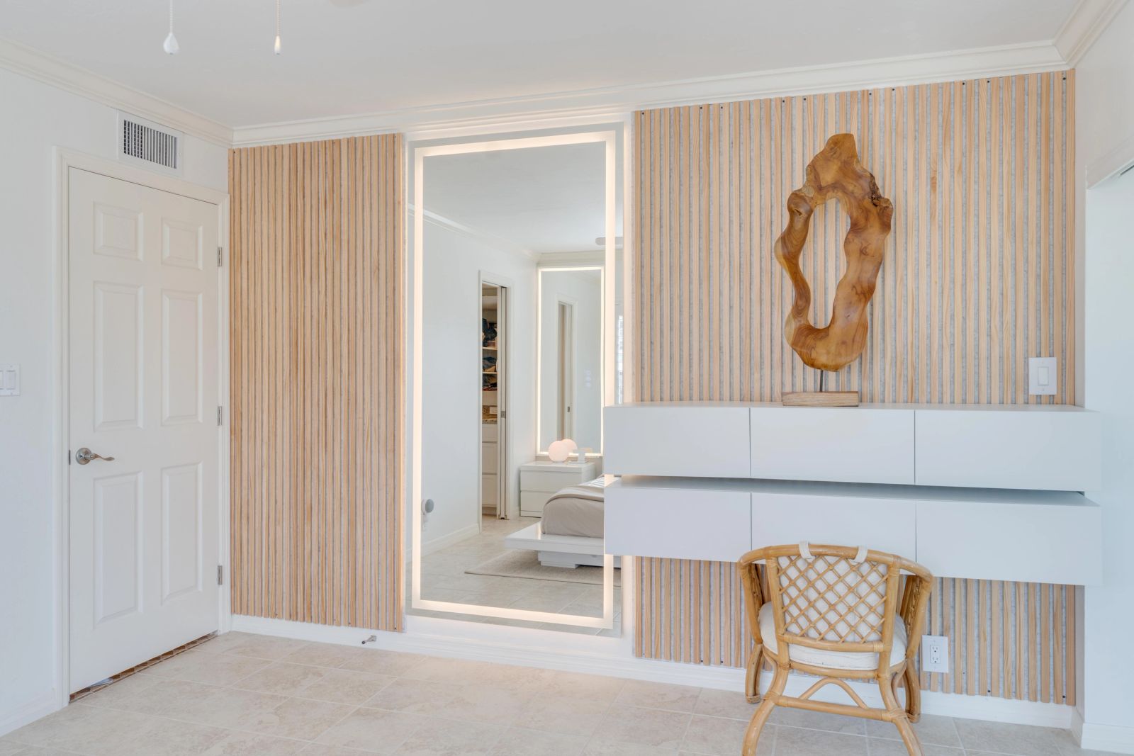 Bedroom vanity and sculptural artwork