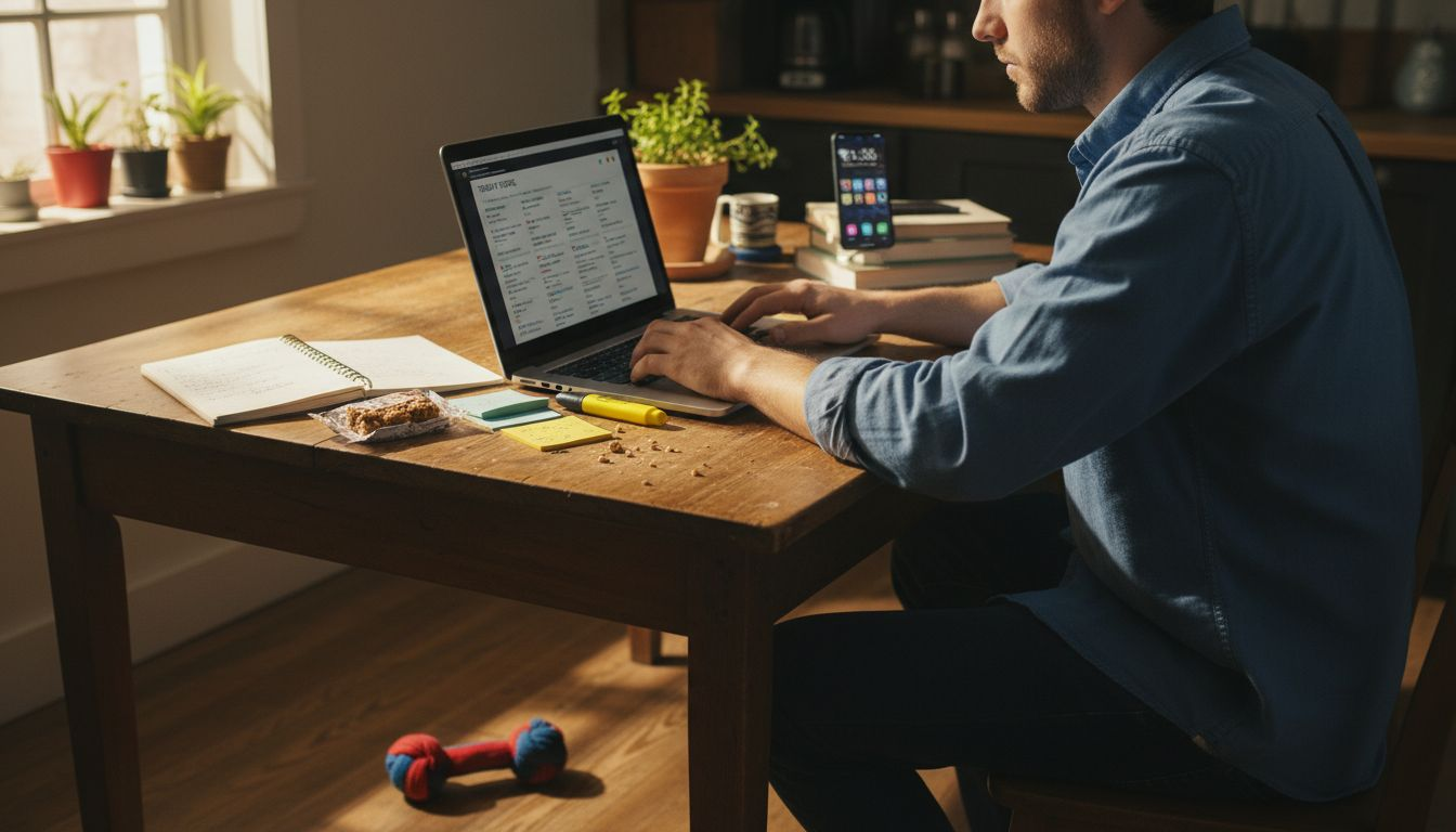 Man researching trending social media topics at table