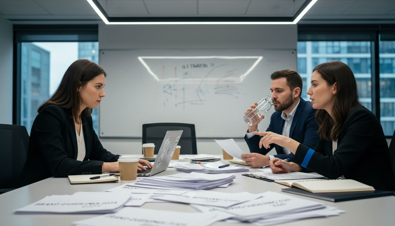 Team collaborating over brand guideline documents