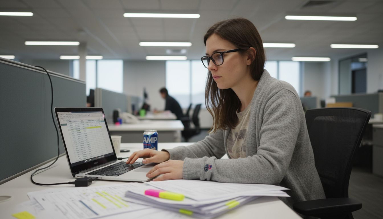 AI analyst reviewing leads spreadsheet at desk