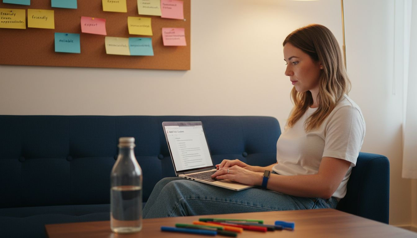 Specialist drafting brand voice in relaxed office