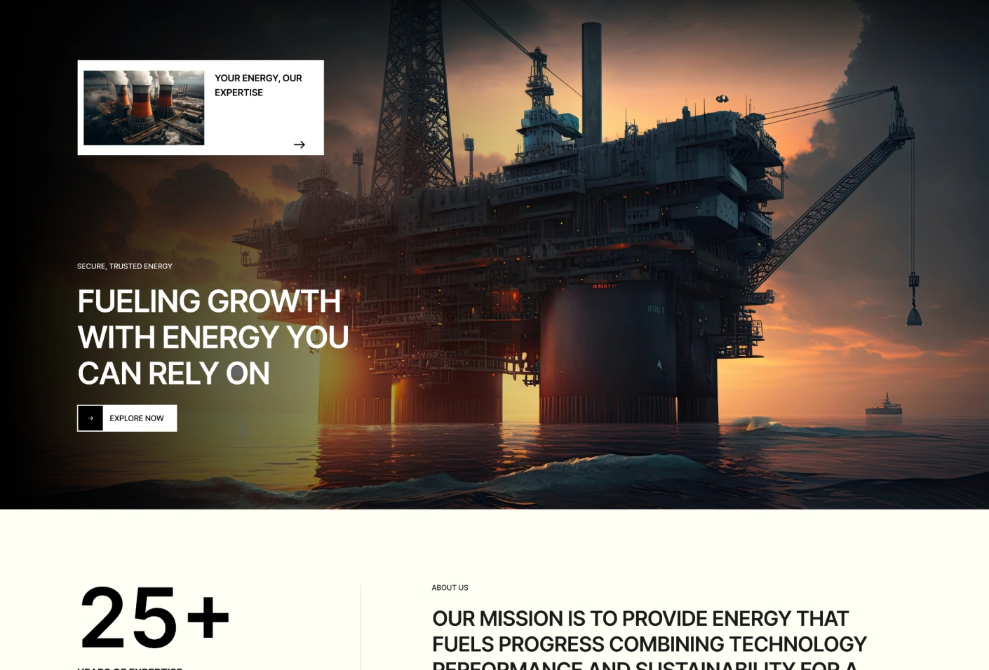 Offshore oil platform at sunset over calm sea with text: Fueling growth with energy you can rely on.