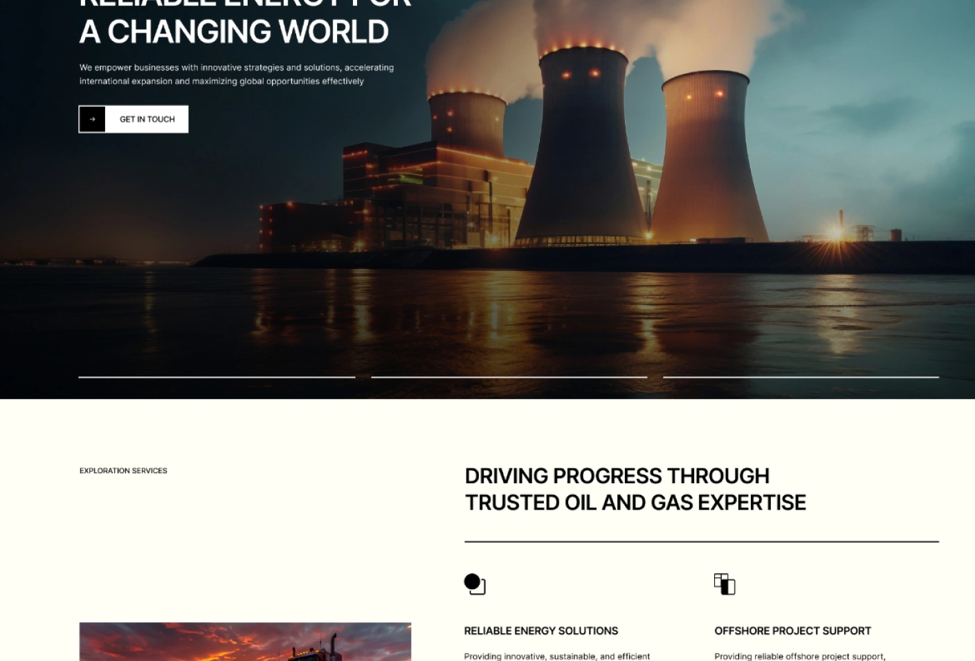 Night view of a power plant with cooling towers emitting steam and reflecting on calm water, accompanied by text about reliable energy and oil and gas expertise.