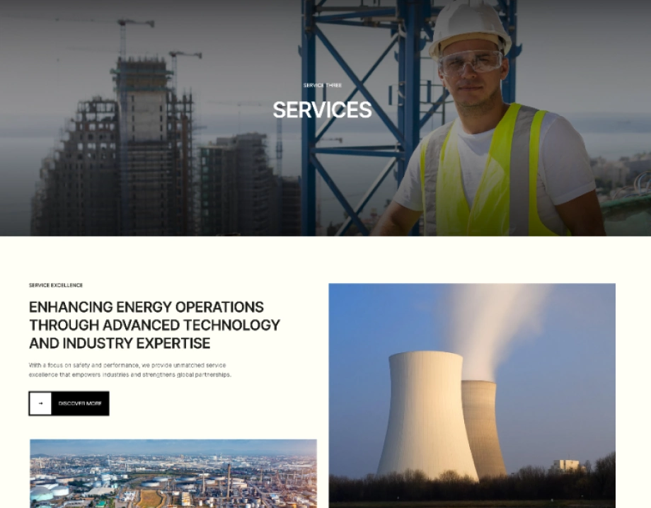 Construction worker wearing safety gear on a construction site with building frameworks and cranes in the background, alongside images of industrial energy facilities and cooling towers.