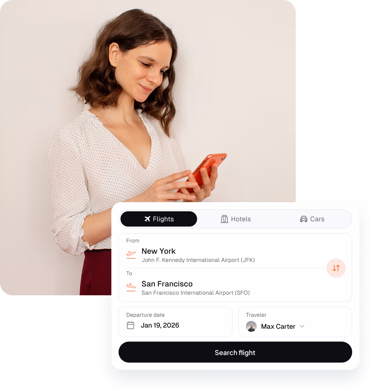 Business traveler booking corporate flight on ITILITE platform from New York to San Francisco