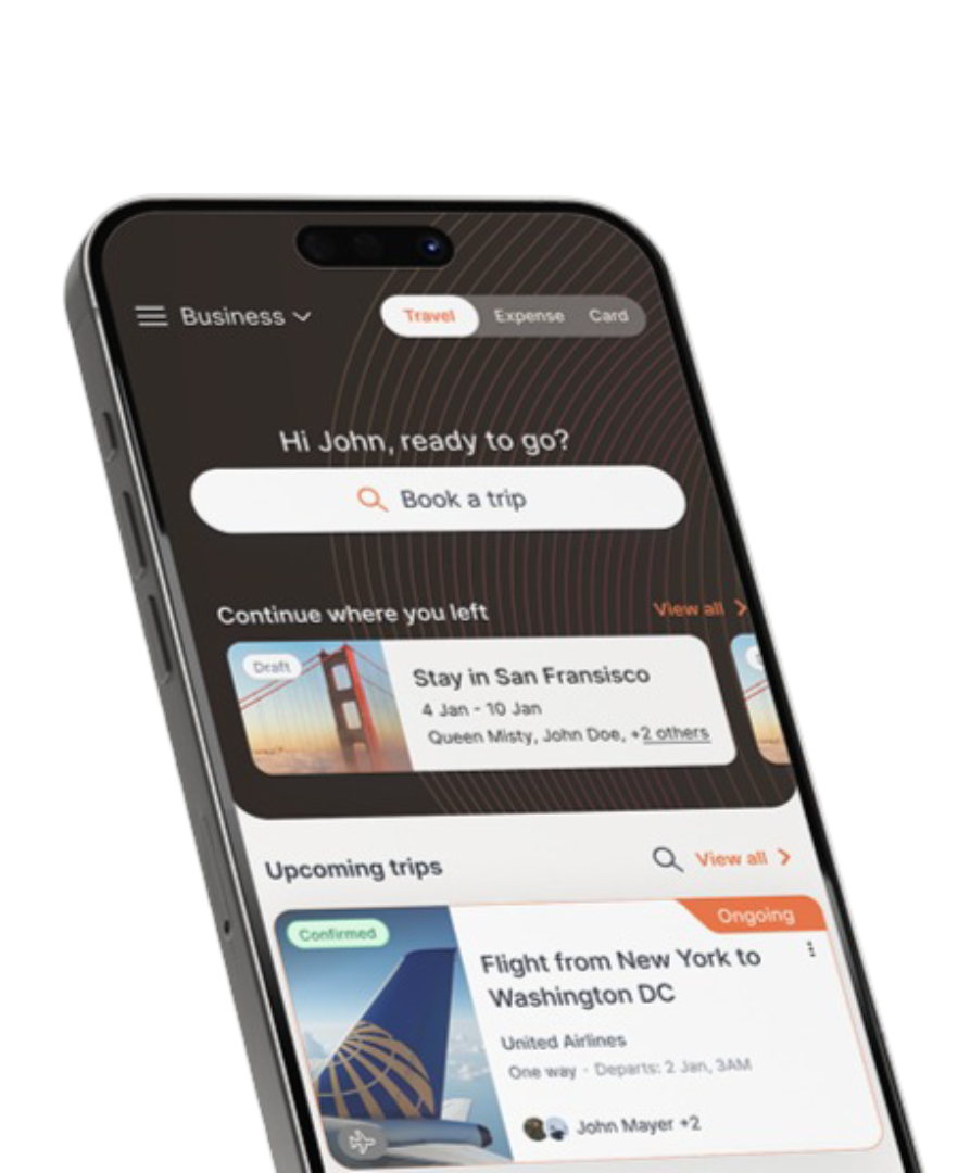  ITILITE mobile app showing personalized travel dashboard with trip search, recent bookings, and upcoming flight details