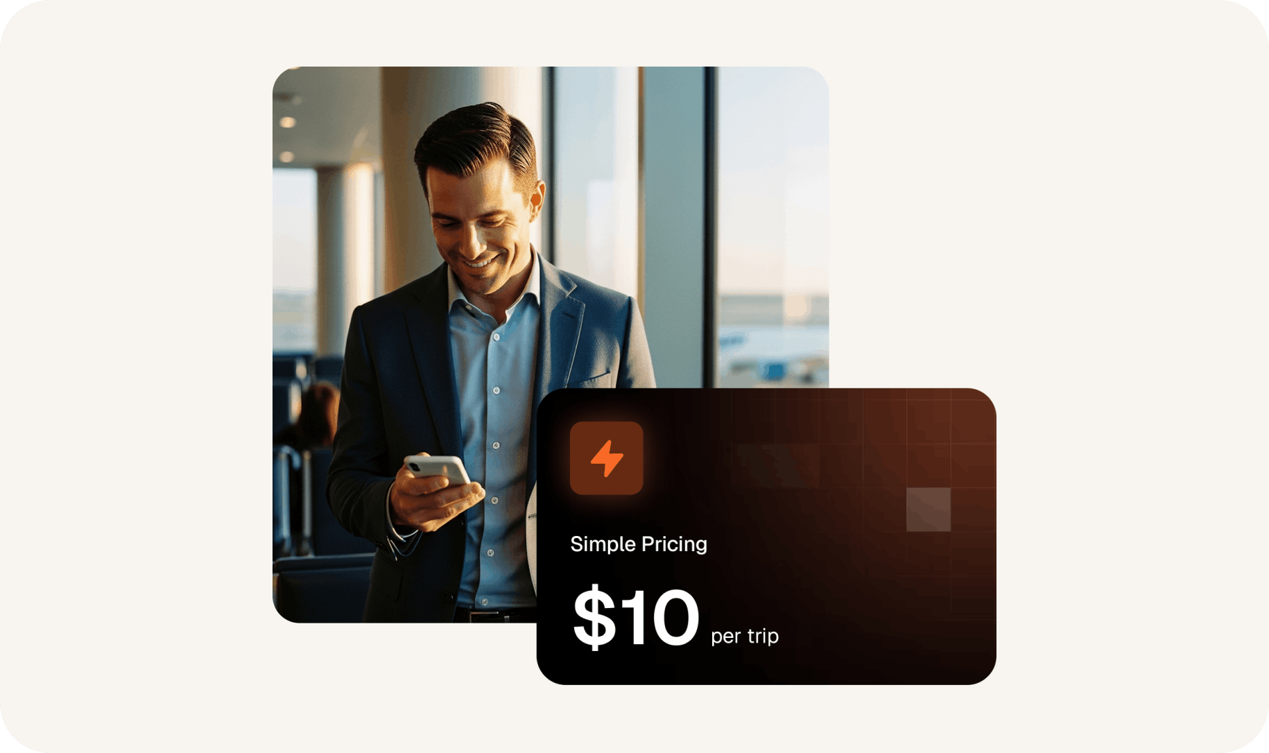 Business professional using smartphone with ITILITE simple pricing card showing $10 per trip transparent pricing