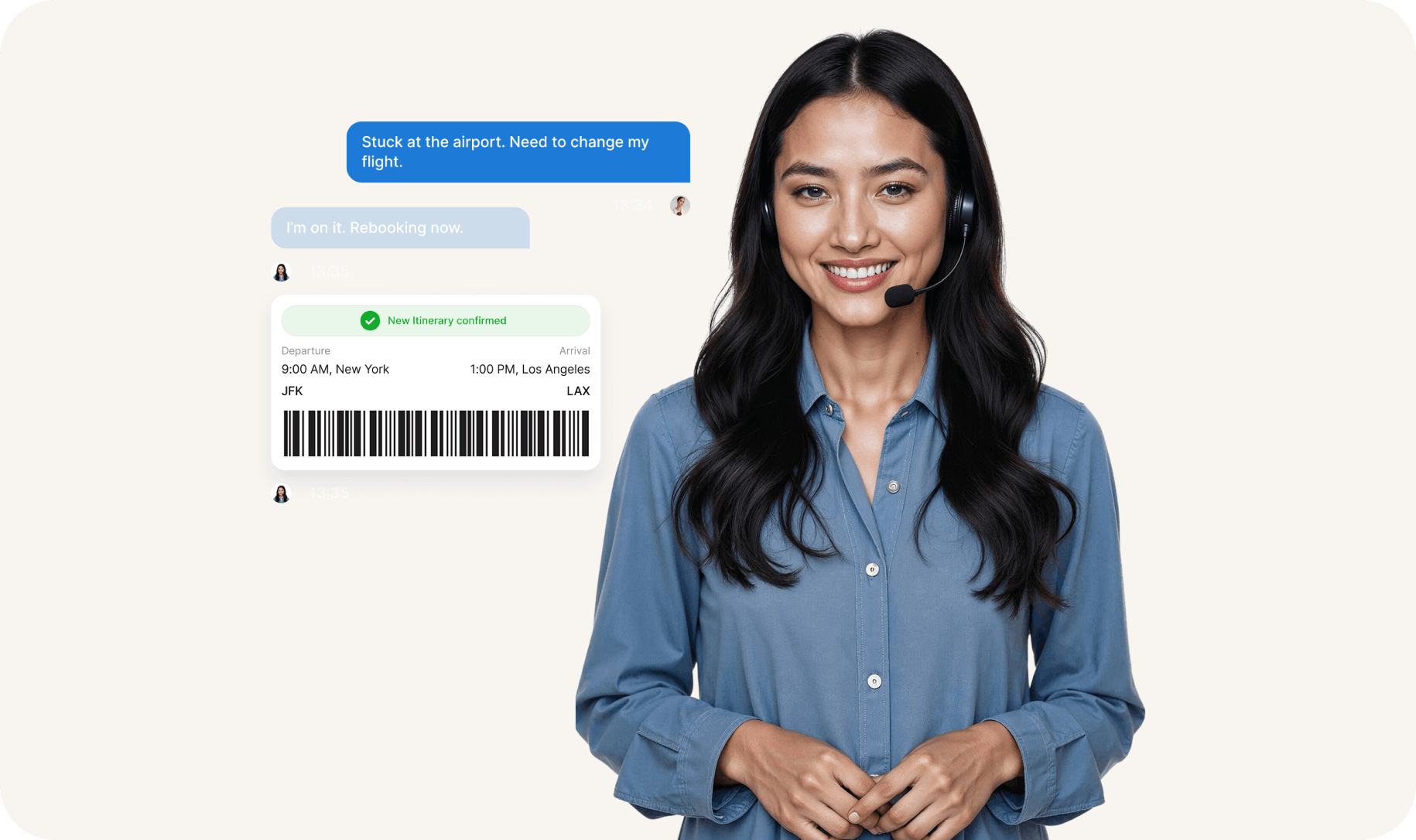 Support agent displaying ITILITE chat interface with travel emergency message and new itinerary confirmation