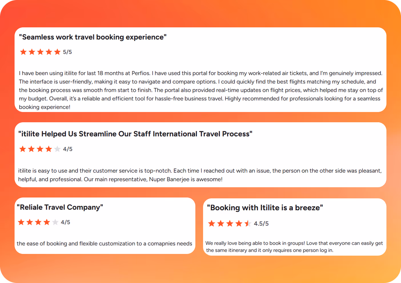 ITILITE G2 customer reviews highlighting seamless booking experience, streamlined travel process, and ease of use with 4-5 star ratings
