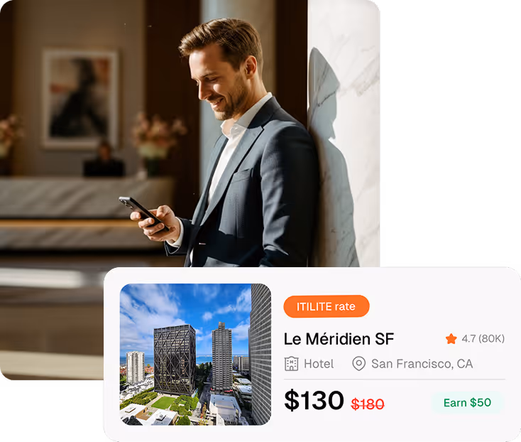 Business professional using smartphone with ITILITE simple pricing card showing $10 per trip transparent pricing