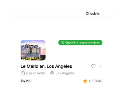 ITILITE trip workflow showing check-in stage with Le Méridien Los Angeles booking successfully confirmed
