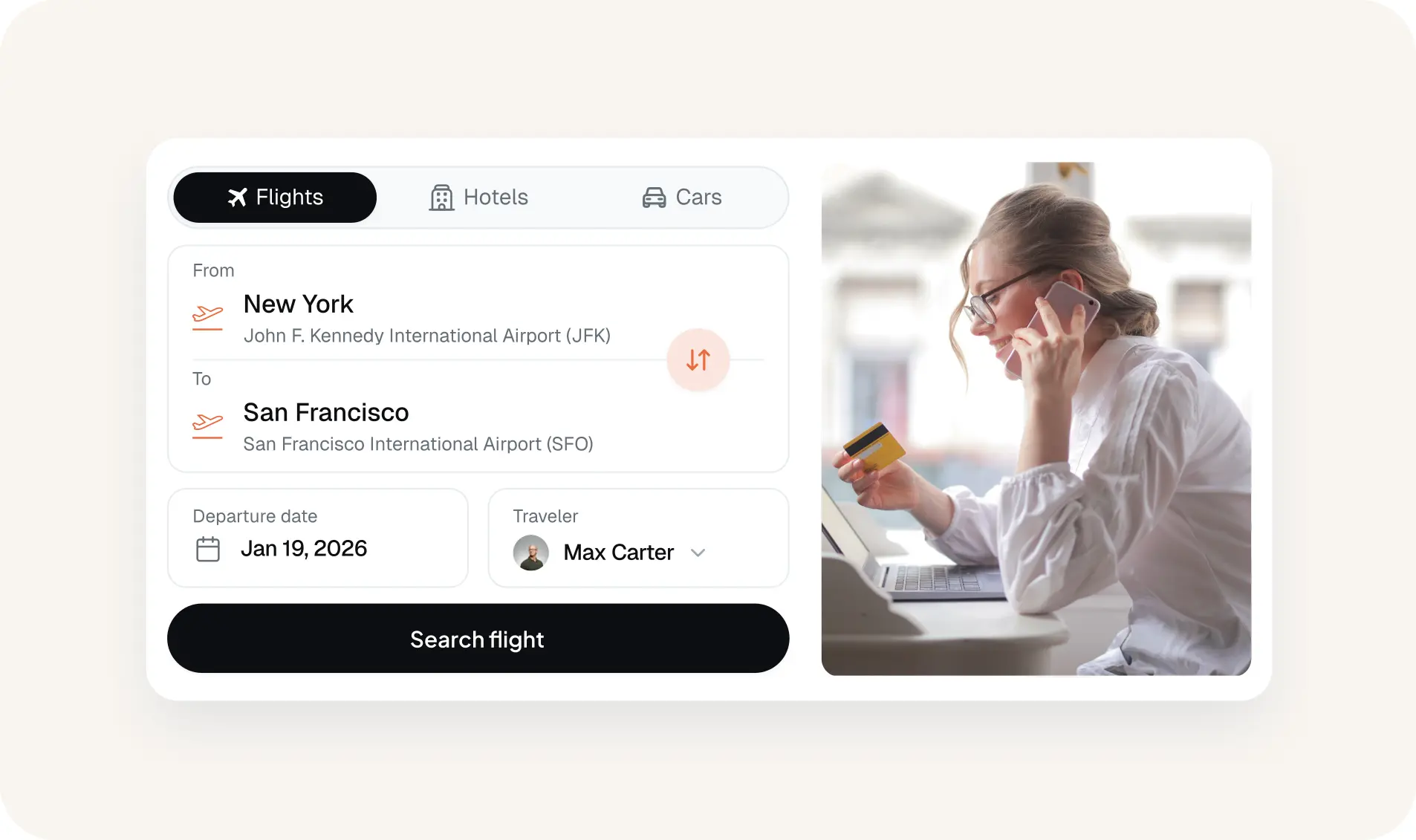 ITILITE all-in-one booking interface with flights, hotels, and cars tabs showing New York to San Francisco search