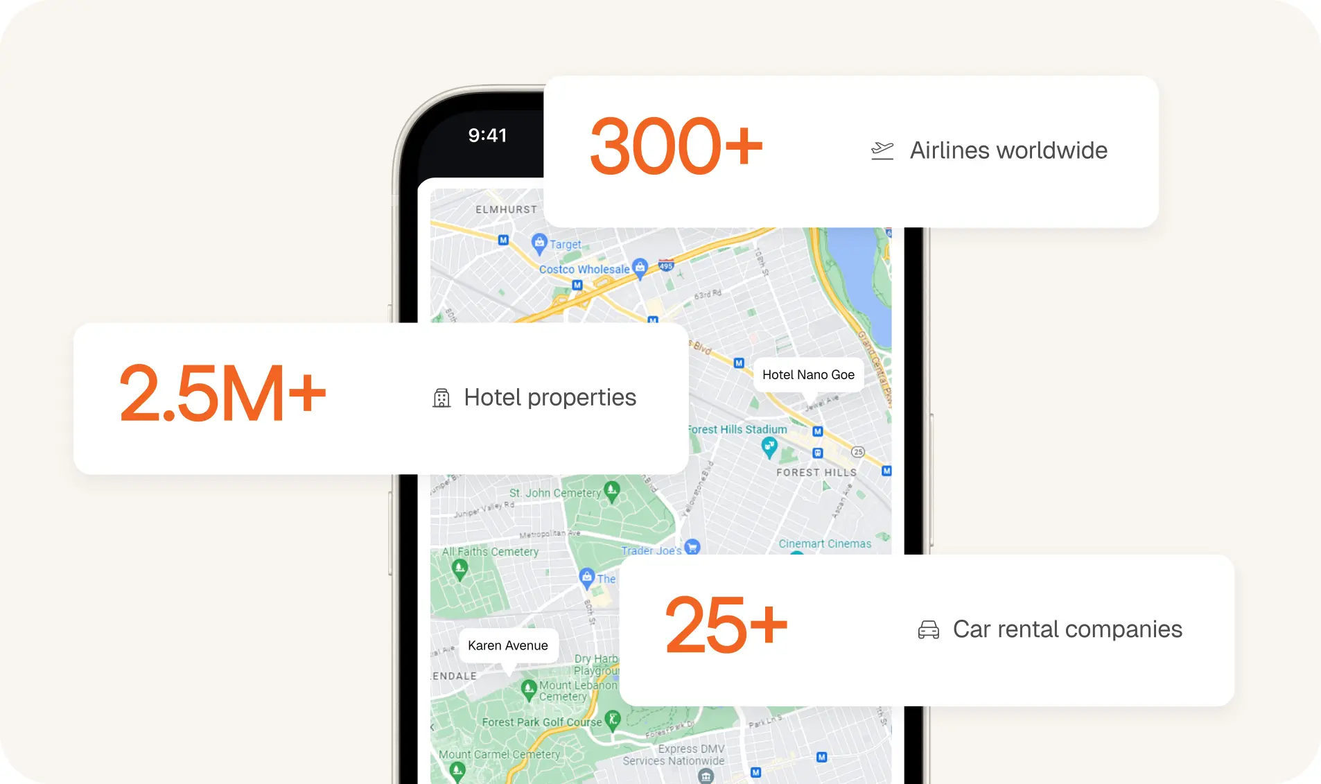 ITILITE mobile app with map showing global travel inventory: 300+ airlines, 2.5M+ hotels, and 25+ car rental companies
