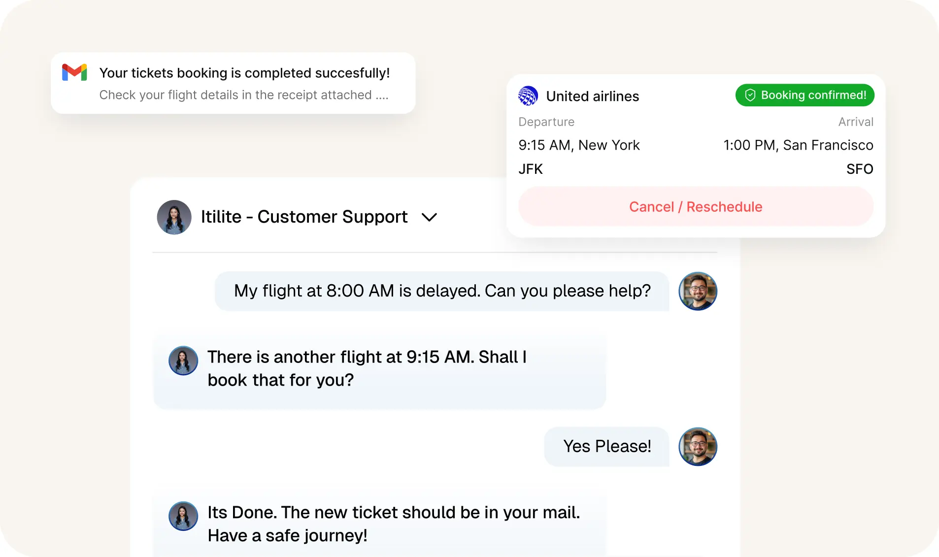 ITILITE customer support chat showing rapid flight rebooking assistance with email confirmation and updated itinerary