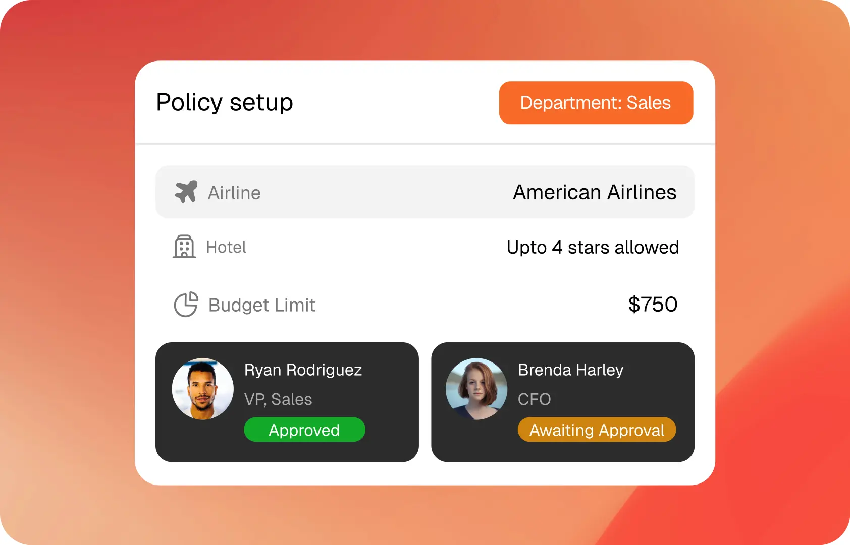 ITILITE sequential approval configuration showing policy rules and two-level approver chain for Sales team travel