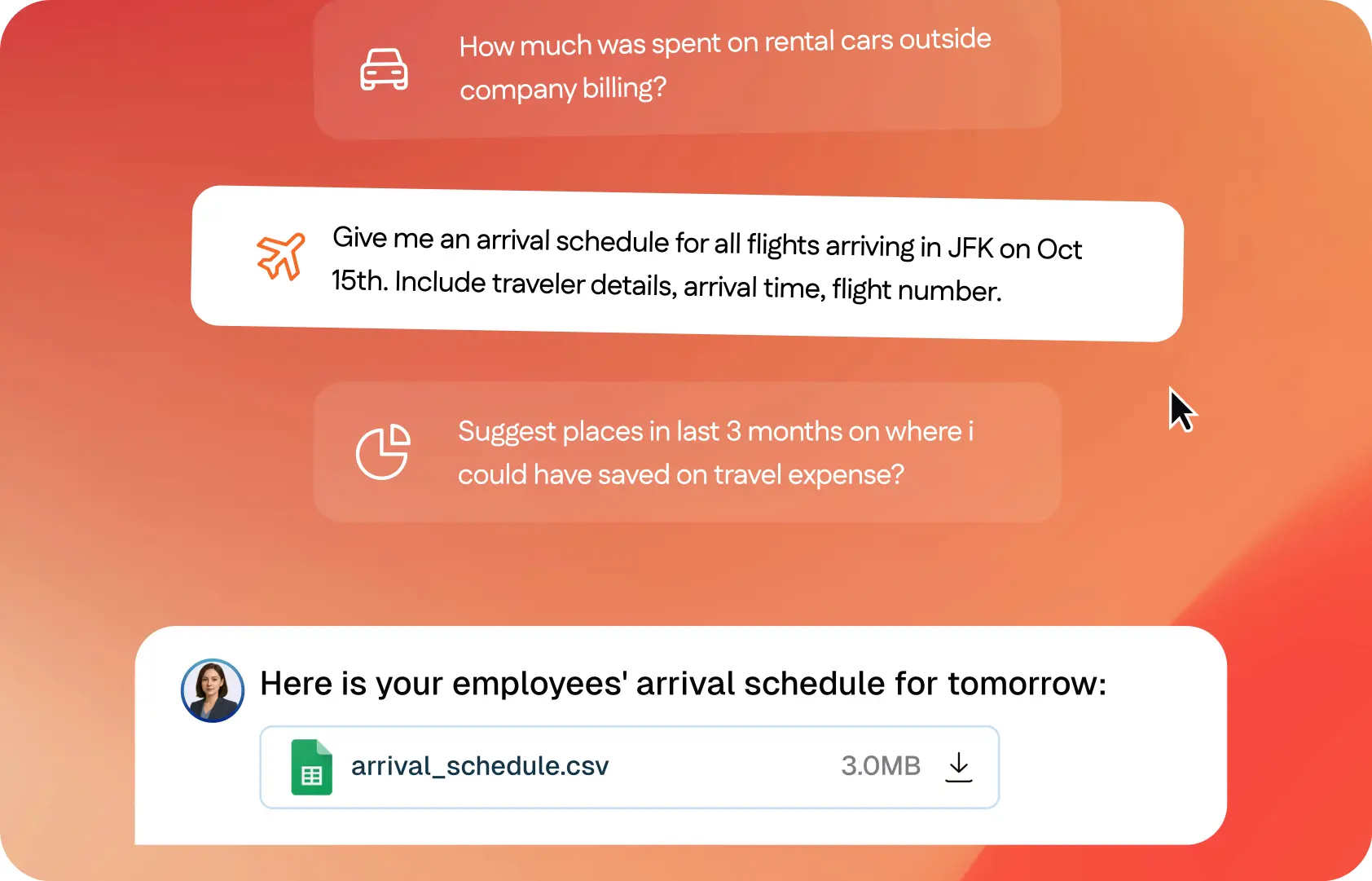IRIS AI travel analyst chat interface showing natural language queries about spend, flight schedules, and savings with downloadable report