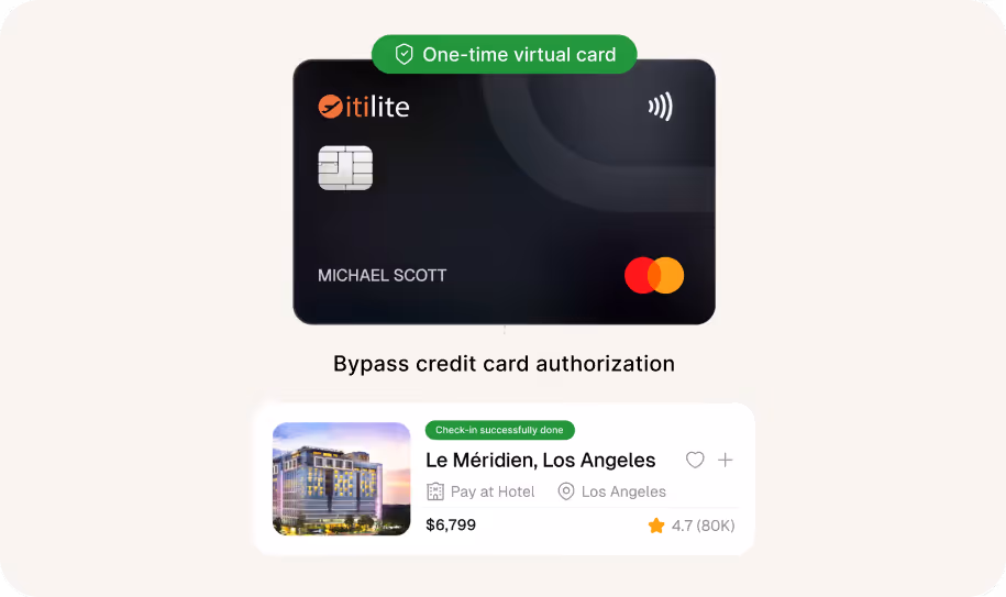 Black itilite Mastercard with chip and contactless payment icon, accompanied by labels reading '$0 Travel Booking Fees' and 'Custom Crew Controls'.