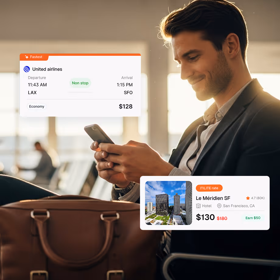 ITILITE mobile app showing personalized travel dashboard with trip search, recent bookings, and upcoming flight details