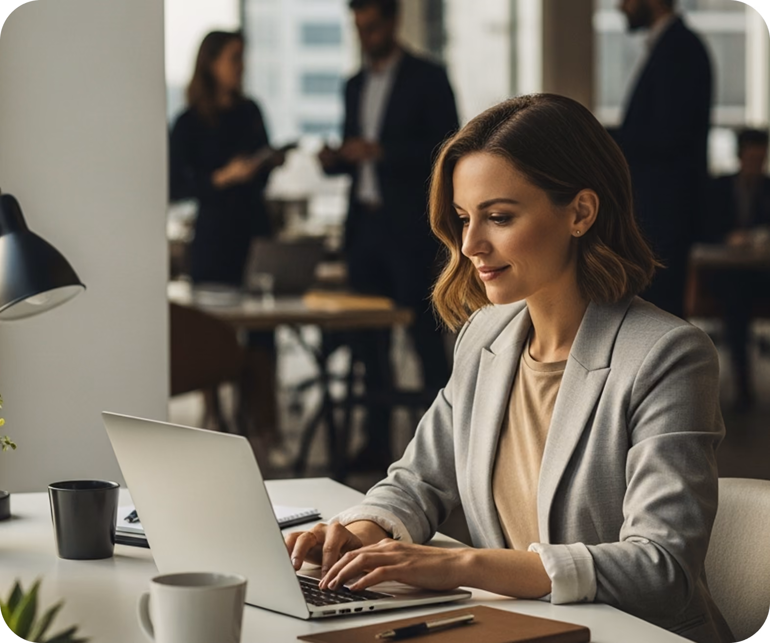 Woman in blazer working on a laptop at office desk with blurred colleagues in background.