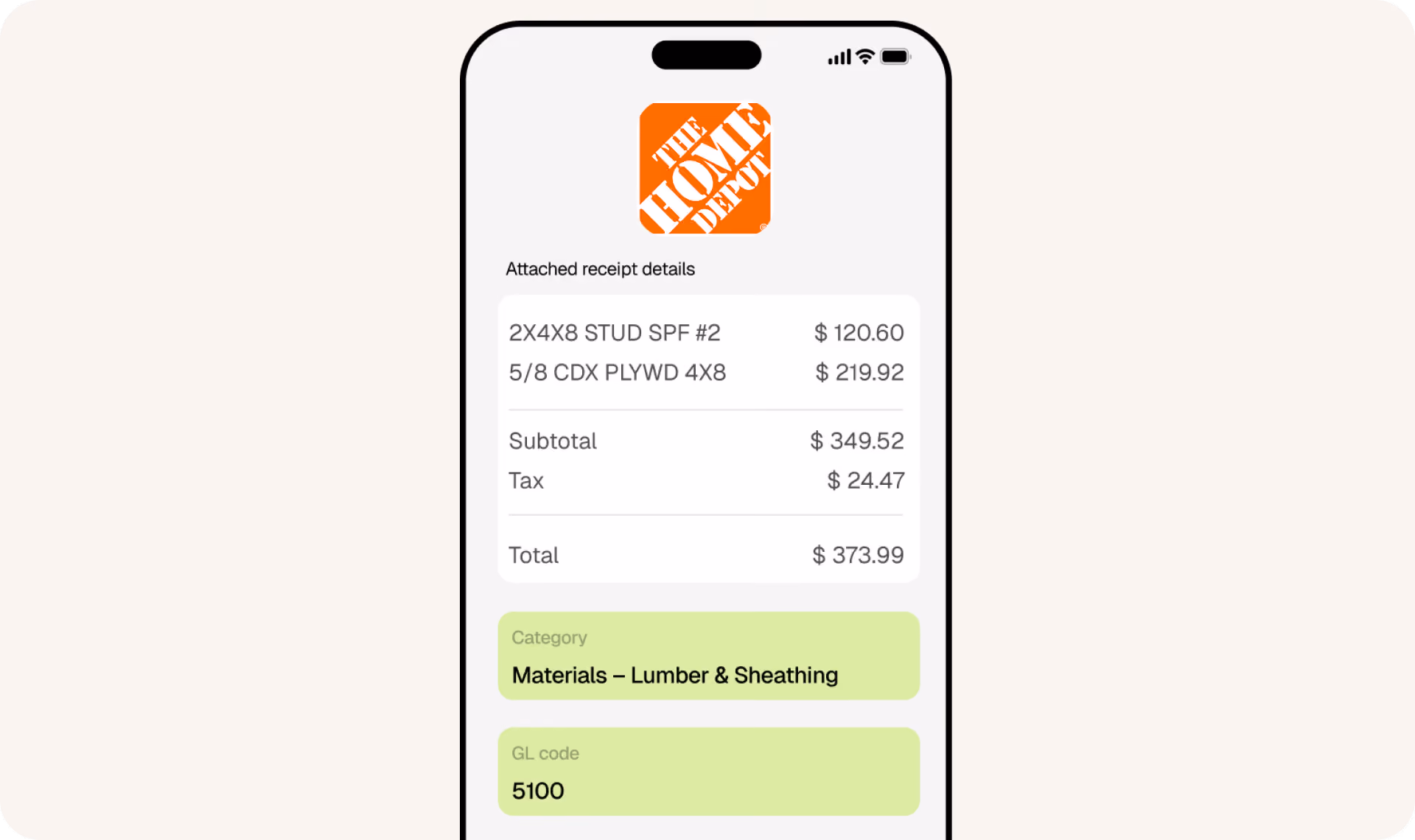 ITILITE mobile app auto-reading a hardware store receipt and assigning the expense category Materials, Lumber and Sheathing with GL code 5100
