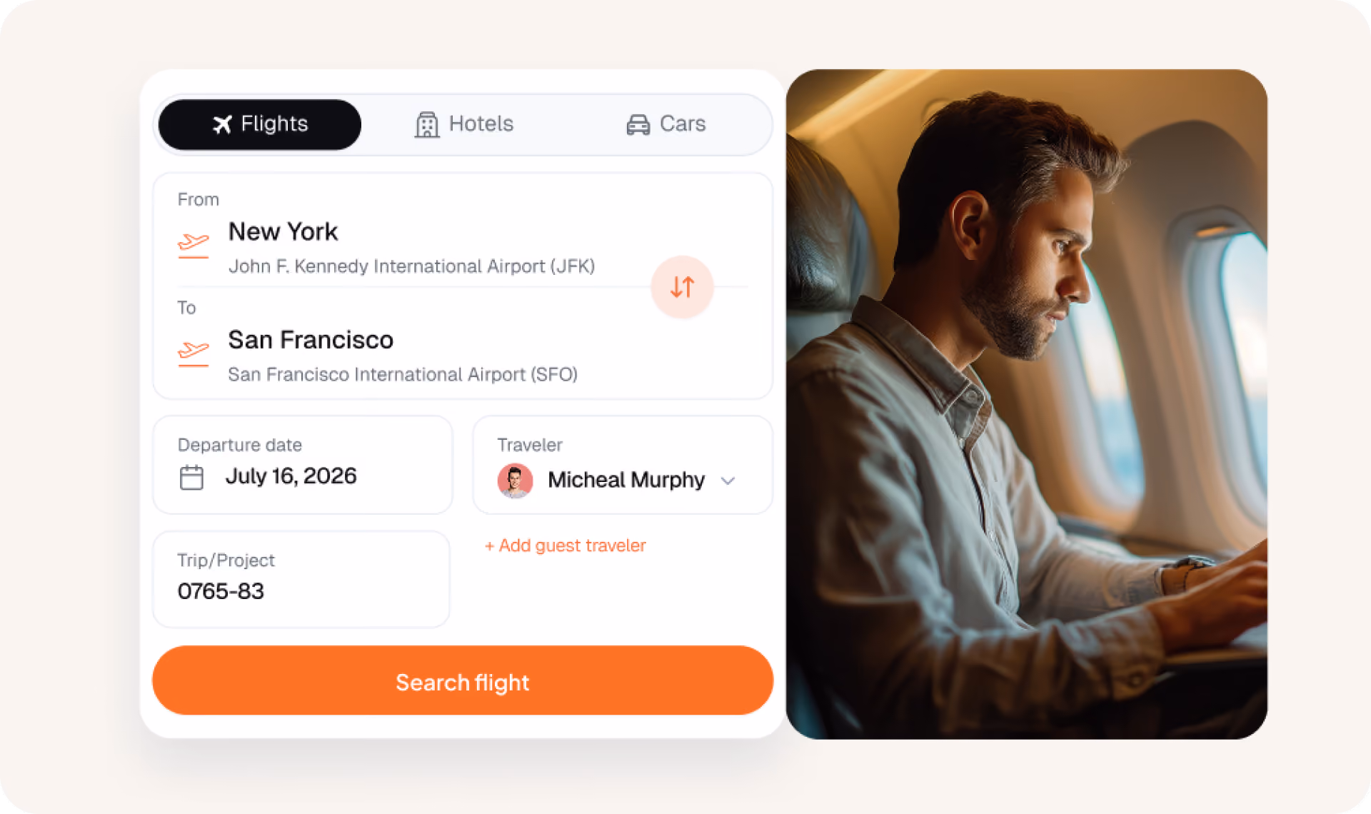 ITILITE flight search booking a New York to San Francisco trip with traveller and project code fields, replacing tabs and spreadsheets