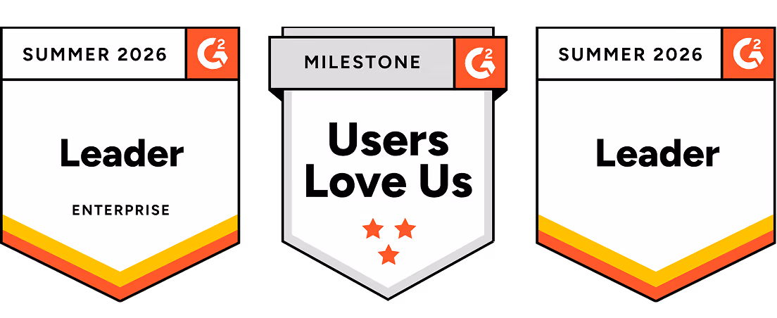 G2 Summer 2026 badges: Leader Enterprise, Users Love Us, and Leader