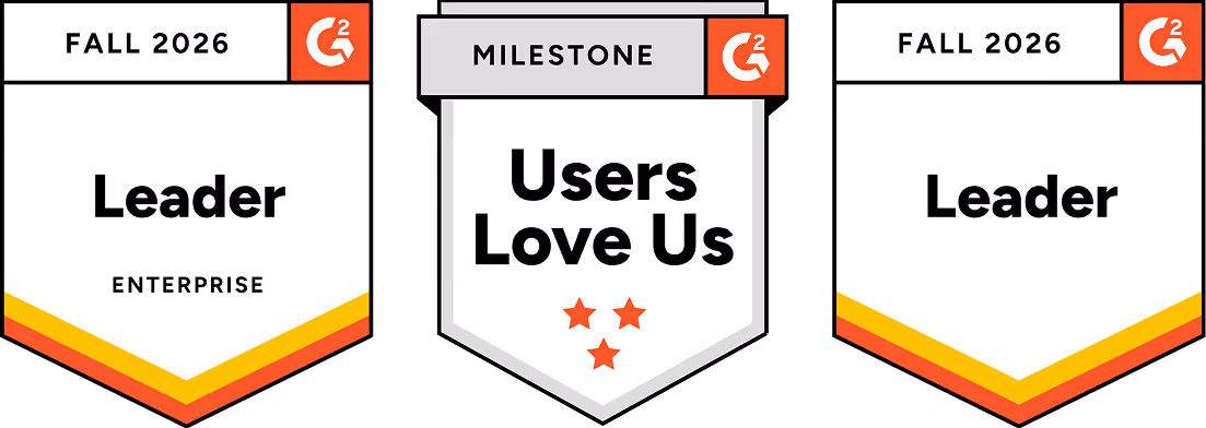 G2 Fall 2026 badges: Leader Enterprise, Users Love Us, and Leader