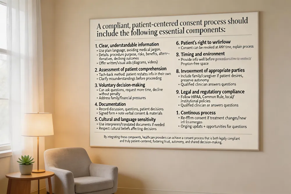 Essential components of a compliant, patient‑centered consent process.