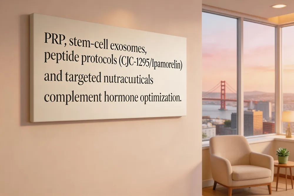 PRP, stem‑cell exosomes, peptide protocols (CJC‑1295/Ipamorelin) and targeted nutraceuticals complement hormone optimization.