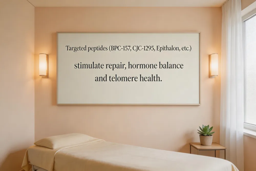 Targeted peptides (BPC‑157, CJC‑1295, Epithalon, etc.) stimulate repair, hormone balance and telomere health.