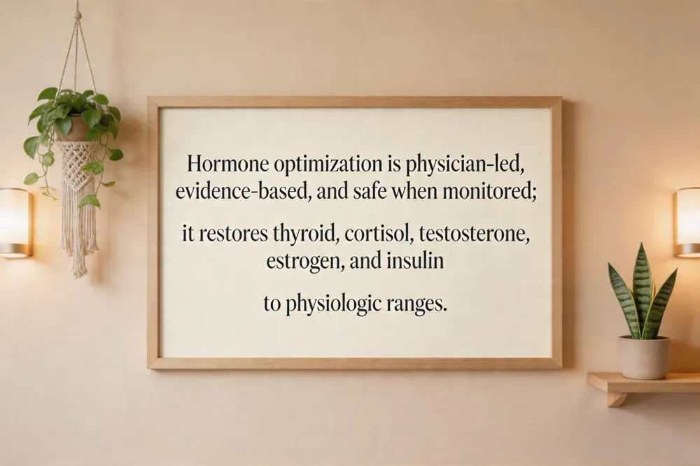 Hormone optimization is physician‑led, evidence‑based, and safe when monitored; it restores thyroid, cortisol, testosterone, estrogen, and insulin to physiologic ranges.