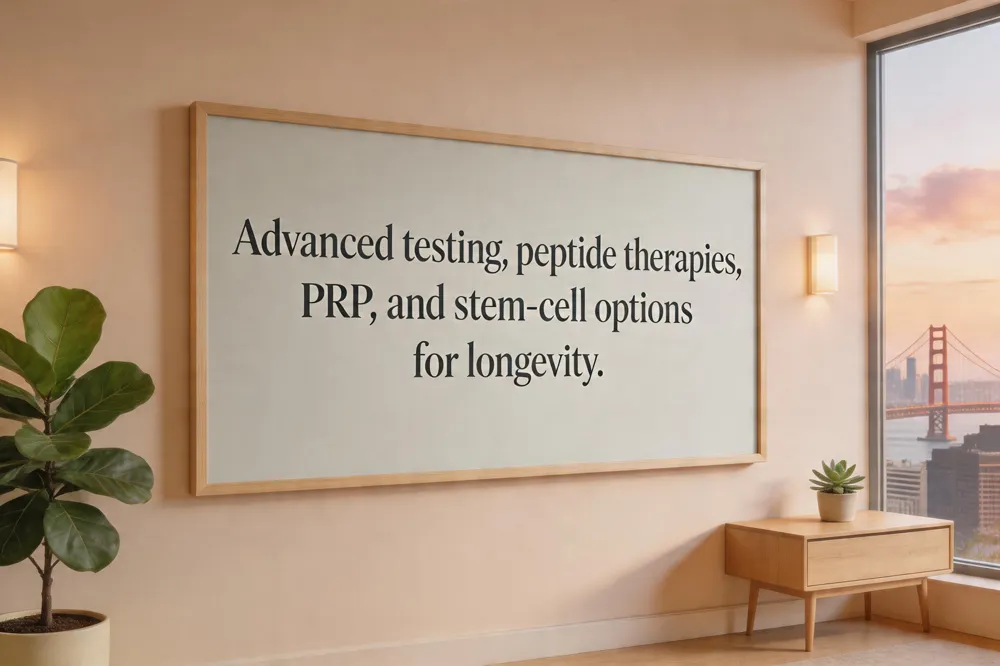 Advanced testing, peptide therapies, PRP, and stem‑cell options for longevity.