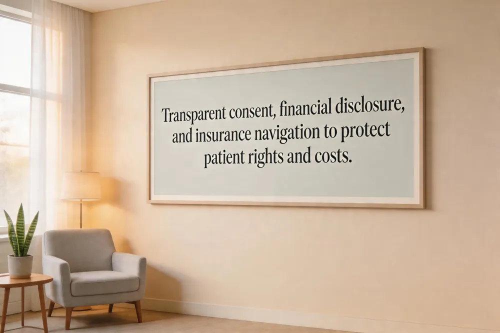 Transparent consent, financial disclosure, and insurance navigation to protect patient rights and costs.