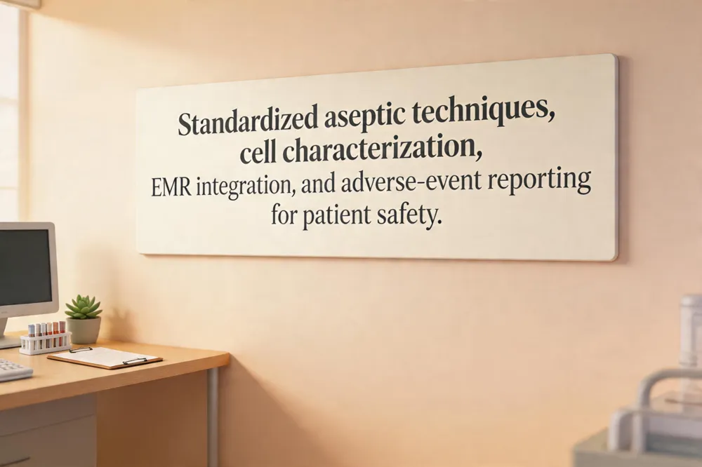 Standardized aseptic techniques, cell characterization, EMR integration, and adverse‑event reporting for patient safety.