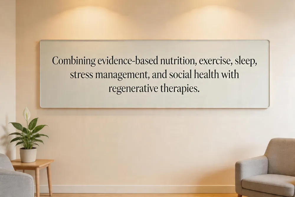 Combining evidence‑based nutrition, exercise, sleep, stress management, and social health with regenerative therapies.
