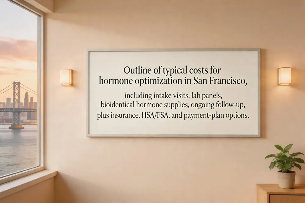 Outline of typical costs for hormone optimization in San Francisco, including intake visits, lab panels, bioidentical hormone supplies, and ongoing follow‑up, plus insurance, HSA/FSA, and payment‑plan options.