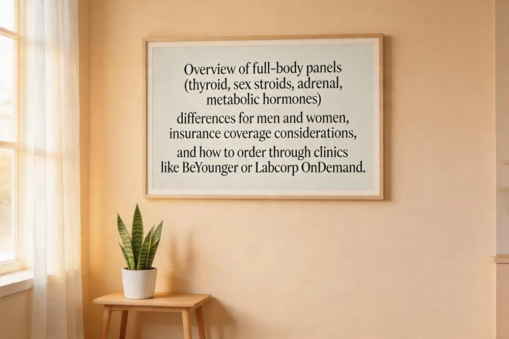 Overview of full‑body panels (thyroid, sex steroids, adrenal, metabolic hormones), differences for men and women, insurance coverage considerations, and how to order through clinics like BeYounger or Labcorp OnDemand.